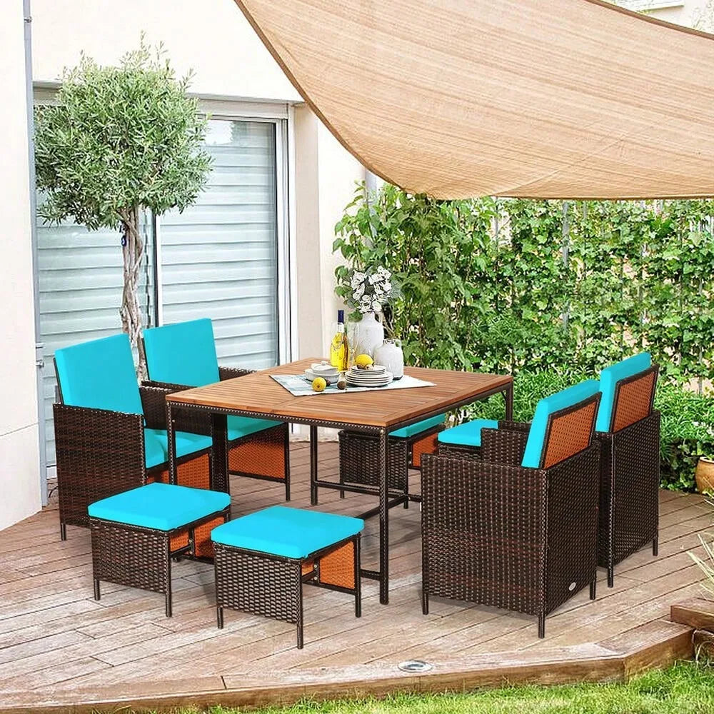 Rattan Wicker Patio Dining Set with Turquoise Cushion