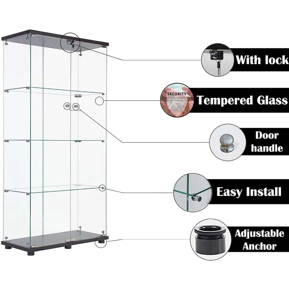 Glass Display Cabinet 4 Shelf Double Door Curio Cabinet Tempered Glass Floor Standing Bookshelf Black