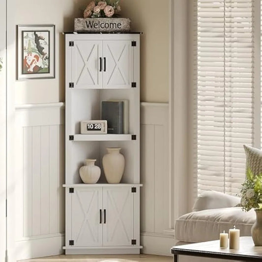Farmhouse Corner Cabinet with Barn Doors and Open Shelves
