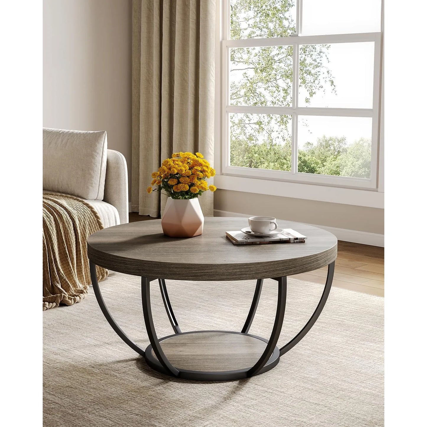32 Inch Circle Marble Coffee Table with 2 Tier Golden Metal Legs Modern Accent Center Table for Home Furniture